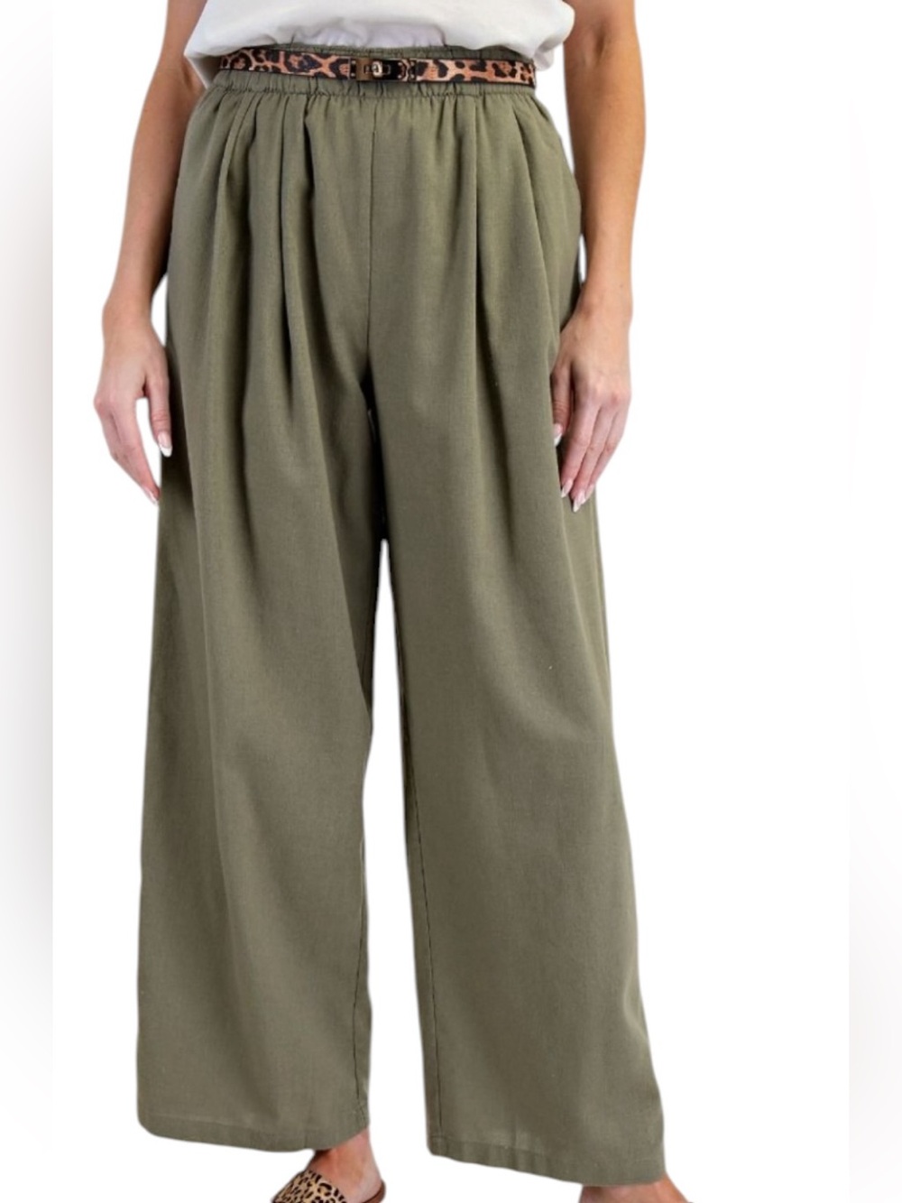 Easel Linen Rayon Elastic Waist Summer Breathable Pant w Pockets in Sage Olive